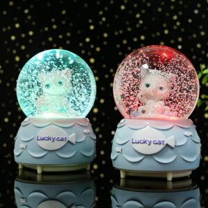 Yuehuam Cute Cartoon Cat Globe Ball Music Box with LED Light Color Changing Snow Globes with Resin Base Novelty Ornament Gift for Christmas Birthday Valentines Day Women Mom Daughter, 1Pc