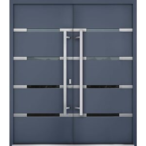 front exterior prehung metal double doors/deux 1105 gray graphite mirrored glass/entry modern painted right inswing active door 72" x 80"