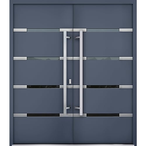 Front Exterior Prehung Metal Double Doors/Deux 1105 Gray Graphite Mirrored Glass/Entry Modern Painted Right Inswing Active Door 72" x 80"