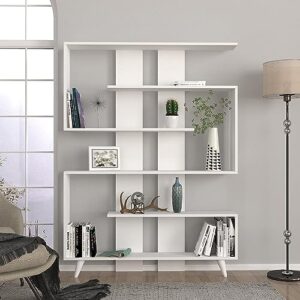 dorpek pillar bookcase white,s- shaped 5- tier tall bookshelf, etagere bookcase with plastik legs and open shelves, floor standing unit, storage shelving for living room, bedroom and home office