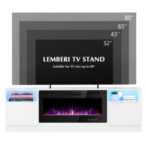 Lemberi Fireplace tv Stand with 36 inch Fireplace Up to 80" TVs,LED Light Entertainment Center and Storage, 70" Modern Wood Media TV Console with Highlight Cabinet for Living Room (White)