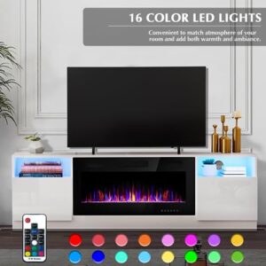 Lemberi Fireplace tv Stand with 36 inch Fireplace Up to 80" TVs,LED Light Entertainment Center and Storage, 70" Modern Wood Media TV Console with Highlight Cabinet for Living Room (White)