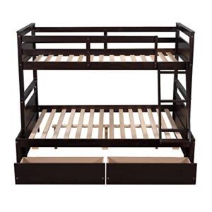 Lepfun Solid Wood Bunk Bed with Storage Drawers, Practical and Durable Bed Frame,Twin Over Full Bunk Bed with Ladder and Safety Guard Rail for Boys, Girls, Teens and Adults,for Bedroom,Dorm (Espresso)