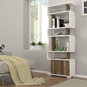 dorpek balance bookcase white - walnut,s- shaped 6- tier tall bookshelf, etagere bookcase with open shelves and drawer, floor standing unit, storage shelving for living room and home office