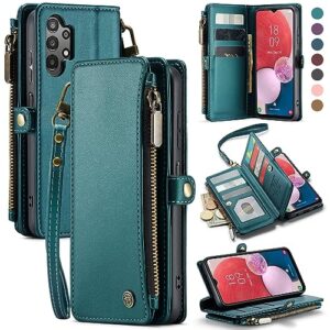 defencase galaxy a32 5g case, rfid blocking samsung galaxy a32 5g case wallet for women men with card holder, zipper magnetic flip pu leather protective samsung galaxy a32 5g phone case, blue green