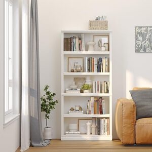 blini 5-Shelf Tall Bookcase White Wooden Bookshelves 33in Wide Floor Standing Display Storage Shelves 70 in Tall Bookcase for Home Office, Living Room, Bed Room