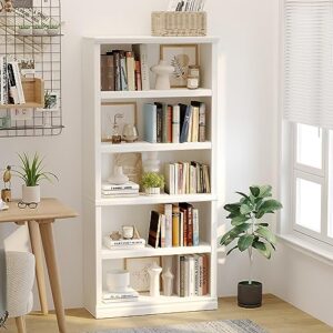 blini 5-Shelf Tall Bookcase White Wooden Bookshelves 33in Wide Floor Standing Display Storage Shelves 70 in Tall Bookcase for Home Office, Living Room, Bed Room