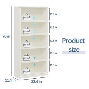 blini 5-Shelf Tall Bookcase White Wooden Bookshelves 33in Wide Floor Standing Display Storage Shelves 70 in Tall Bookcase for Home Office, Living Room, Bed Room