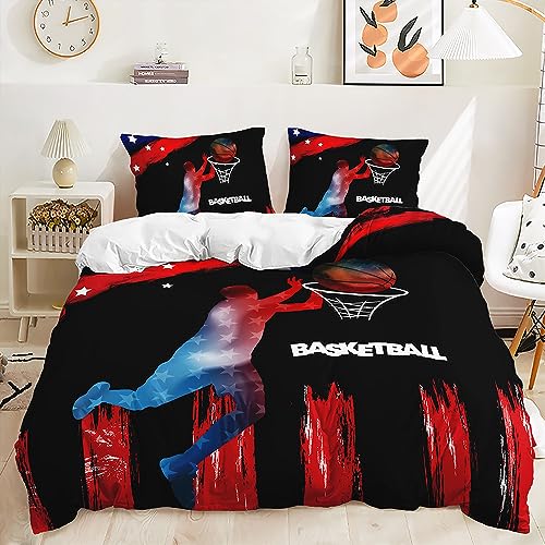 Basketball Duvet Cover Queen American Flag Comforter Cover Ball Sports Games Quilt Cover Red Black Basketball Hoop Lover Bedding Set Stars Sport Gaming Bed Sets Bedroom Decor (Without Comforter)