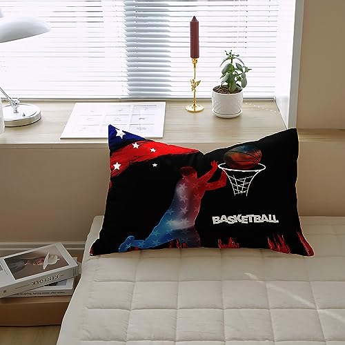 Basketball Duvet Cover Queen American Flag Comforter Cover Ball Sports Games Quilt Cover Red Black Basketball Hoop Lover Bedding Set Stars Sport Gaming Bed Sets Bedroom Decor (Without Comforter)