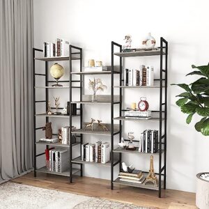 5-shelf wide bookshelves, industrial retro wooden style large open bookcases, 69.3''l x 11.8''w x 70.1''h, grey