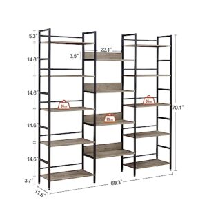 5-Shelf Wide Bookshelves, Industrial Retro Wooden Style Large Open Bookcases, 69.3''L x 11.8''W x 70.1''H, Grey