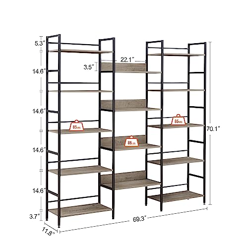 5-Shelf Wide Bookshelves, Industrial Retro Wooden Style Large Open Bookcases, 69.3''L x 11.8''W x 70.1''H, Grey