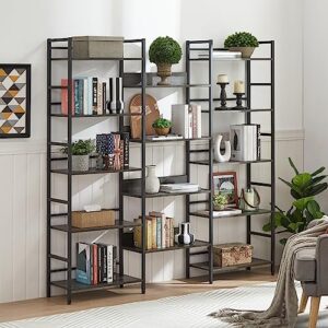 5-shelf wide bookshelves, industrial retro wooden style large open bookcases, 69.3''l x 11.8''w x 70.1''h, dark grey
