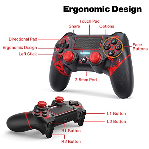 uscoreek Wireless Controller Compatible for PS4/Slim/Pro Console with Touch Pad, Audio Gyro, Double Vibration Function - Fire Dragon