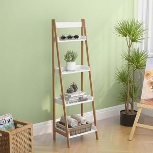 heliosphere 4-tier ladder bookcase with solid bamboo frame, versatile wood oxford “a” frame ladder display bookcase with 4 open shelves, display bookshelf for home office living room (white2)