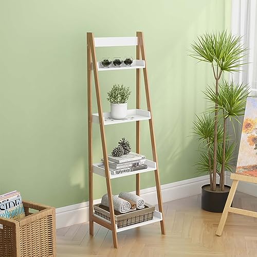 Heliosphere 4-Tier Ladder Bookcase with Solid Bamboo Frame, Versatile Wood Oxford “A” Frame Ladder Display Bookcase with 4 Open Shelves, Display Bookshelf for Home Office Living Room (White2)