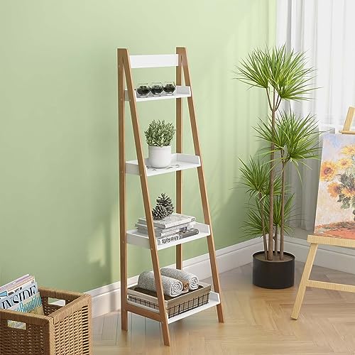 Heliosphere 4-Tier Ladder Bookcase with Solid Bamboo Frame, Versatile Wood Oxford “A” Frame Ladder Display Bookcase with 4 Open Shelves, Display Bookshelf for Home Office Living Room (White2)