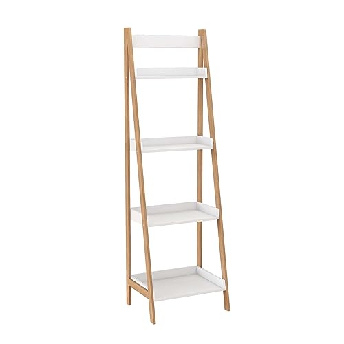 Heliosphere 4-Tier Ladder Bookcase with Solid Bamboo Frame, Versatile Wood Oxford “A” Frame Ladder Display Bookcase with 4 Open Shelves, Display Bookshelf for Home Office Living Room (White2)