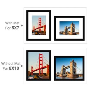 Rysent 8x10 Picture Frame, Display 5x7 with Mat or 8x10 Without Mat, Black Photo Frames for Wall Mounting or Table Top Display