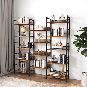5-shelf wide bookshelves, industrial retro wooden style large open bookcases, 69.3''l x 11.8''w x 70.1''h, rustic brown