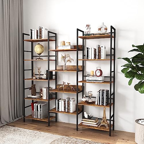 5-Shelf Wide Bookshelves, Industrial Retro Wooden Style Large Open Bookcases, 69.3''L x 11.8''W x 70.1''H, Rustic Brown