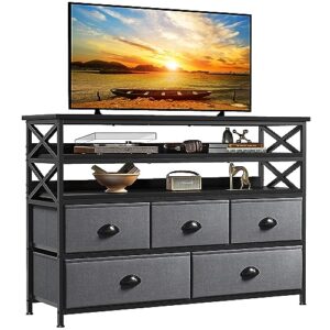 enhomee dresser tv stand for bedroom entertainment center with fabric drawers up to 55''tv media console table with wood open shelves storage drawer dresser for bedroom, living room, entryway, grey