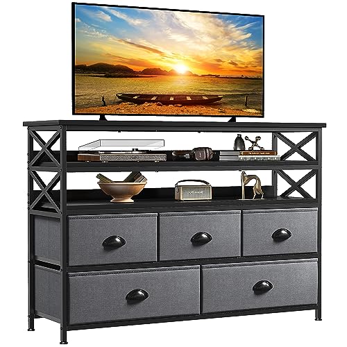 EnHomee Dresser TV Stand for Bedroom Entertainment Center with Fabric Drawers up to 55''TV Media Console Table with Wood Open Shelves Storage Drawer Dresser for Bedroom, Living Room, Entryway, Grey