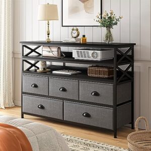 EnHomee Dresser TV Stand for Bedroom Entertainment Center with Fabric Drawers up to 55''TV Media Console Table with Wood Open Shelves Storage Drawer Dresser for Bedroom, Living Room, Entryway, Grey