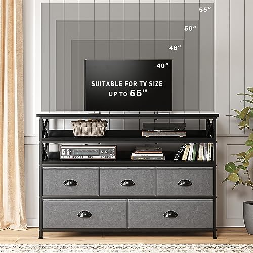 EnHomee Dresser TV Stand for Bedroom Entertainment Center with Fabric Drawers up to 55''TV Media Console Table with Wood Open Shelves Storage Drawer Dresser for Bedroom, Living Room, Entryway, Grey