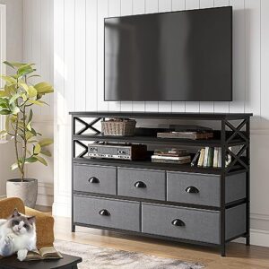 EnHomee Dresser TV Stand for Bedroom Entertainment Center with Fabric Drawers up to 55''TV Media Console Table with Wood Open Shelves Storage Drawer Dresser for Bedroom, Living Room, Entryway, Grey