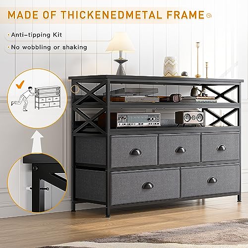 EnHomee Dresser TV Stand for Bedroom Entertainment Center with Fabric Drawers up to 55''TV Media Console Table with Wood Open Shelves Storage Drawer Dresser for Bedroom, Living Room, Entryway, Grey