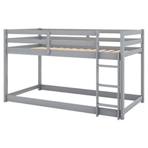 YuiHome Low Bunk Beds Twin Over Twin Wood Floor Bunk Bed Frame with Slat and Ladder for Kids Boys Girls Toddlers, Gray