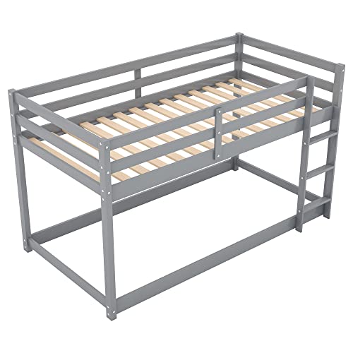 YuiHome Low Bunk Beds Twin Over Twin Wood Floor Bunk Bed Frame with Slat and Ladder for Kids Boys Girls Toddlers, Gray