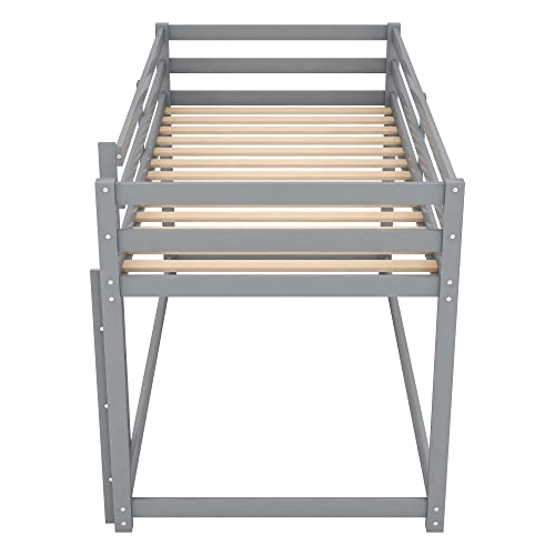 YuiHome Low Bunk Beds Twin Over Twin Wood Floor Bunk Bed Frame with Slat and Ladder for Kids Boys Girls Toddlers, Gray