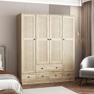 hitow wardrobe armoire with 4 ratten doors, wardrobe cabinet for hanging clothes with 5 drawers, bedroom armoire dresser wardrobe clothes organizer, rustic wood type d (59" w x 18.8" d x 70.8" h)