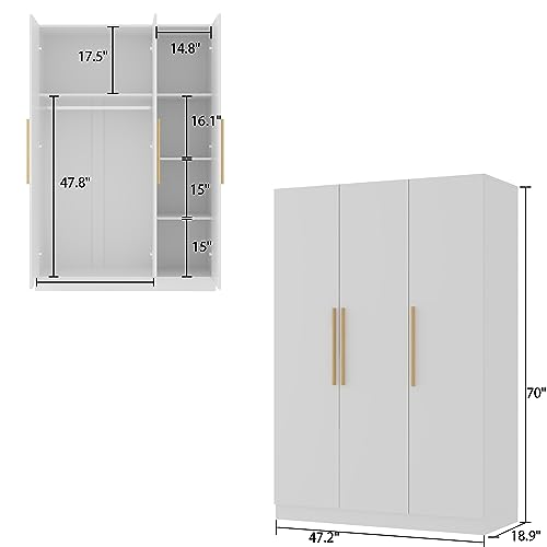 Hitow Large Wardrobe Armoire Closet with 3 Doors, Freestanding Wardrobe Cabinet for Hanging Clothes, Bedroom Armoire Dresser Wardrobe Clothes Organizer, White Type B (47.2" W x 18.9" D x 70" H)