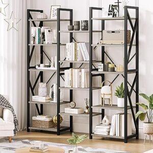 idealhouse triple wide 5 tier book shelf, tall bookshelf with open display shelves, industrial large bookshelves and bookcases with metal frame for living room, bedroom, home office-grey