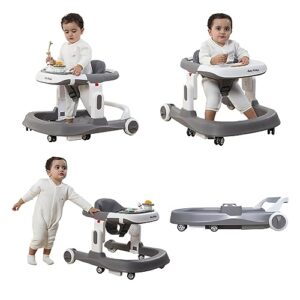 marzviyia 4-in-1 baby walker with wheels, foldable baby push walker with adjustable height & speed, standing activity center with music & lights,silent grey