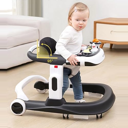 Marzviyia 4-in-1 Baby Walker with Wheels, Foldable Baby Push Walker with Adjustable Height & Speed, Standing Activity Center with Music & Lights,Silent Grey