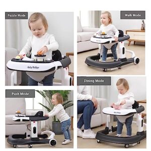 Marzviyia 4-in-1 Baby Walker with Wheels, Foldable Baby Push Walker with Adjustable Height & Speed, Standing Activity Center with Music & Lights,Silent Grey