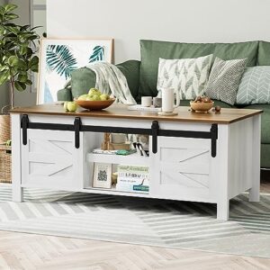 yeshomy coffee table with sliding barn doors & storage, wooden center rectangular cabinet with adjustable shelves, for livingroom, bedroom, home office, white