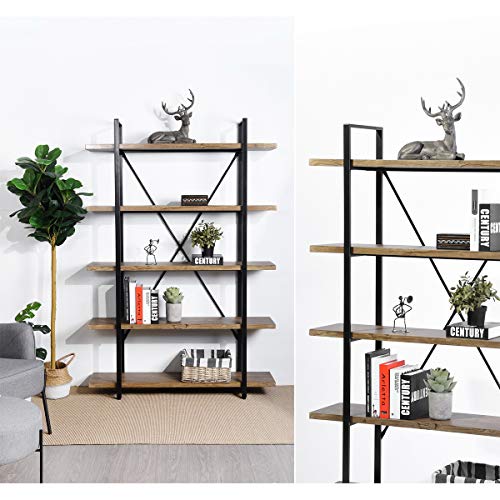 5-Tier Industrial Bookcase with Rustic Wood and Metal Frame, Large Open Bookshelf for Living Room