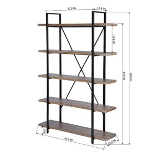 5-Tier Industrial Bookcase with Rustic Wood and Metal Frame, Large Open Bookshelf for Living Room