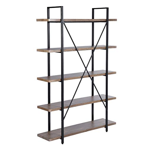 5-Tier Industrial Bookcase with Rustic Wood and Metal Frame, Large Open Bookshelf for Living Room