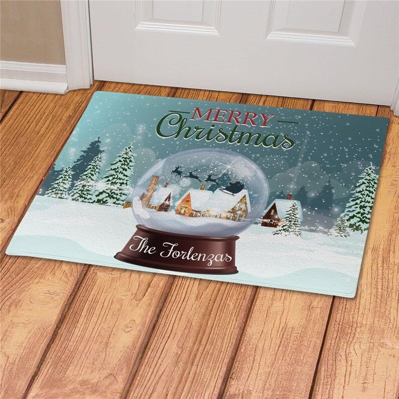 Personalized Merry Christmas Snow Globe Doormat Rug for Front Doormat Entrance Porch 16x24 Inches Fall Christmas Halloween