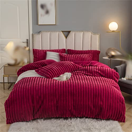 ZJHYXYH Red Super Soft Velvet Vertical Duvet Cover Set Double King Bed 4pcs Plush Bedding Set Flat Sheet Pillow Case (Color : D, Size : 200 * 230cm)