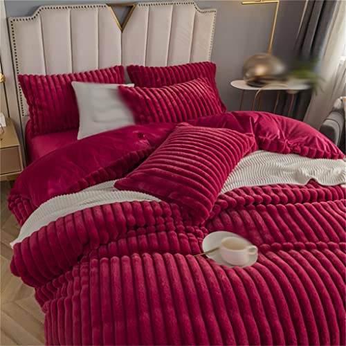 ZJHYXYH Red Super Soft Velvet Vertical Duvet Cover Set Double King Bed 4pcs Plush Bedding Set Flat Sheet Pillow Case (Color : D, Size : 200 * 230cm)