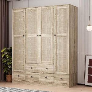 didugo armoires and wardrobes 4 door wardrobe with shelves and drawers, rattan door design, armoire wardrobe closet with 2 clothing rods, oak (59”w x 19”d x 70.4”h)
