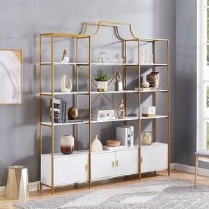 aiuyesuo 78 inch 4 tiers home office bookcase bookshelf, modern storage cabinet display shelf with open shelves and x bar gold frame, freestanding staggered storage shelf with 4 doors for home office